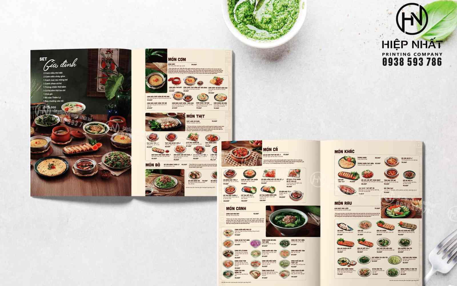 Mẫu menu nhà hàng gáy dán mở phẳng bắt mắt