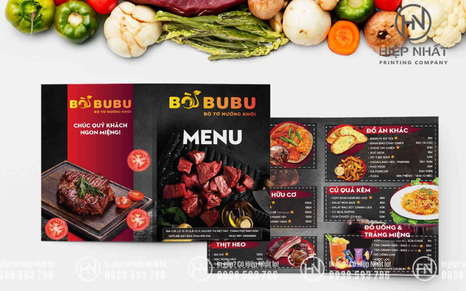 Mẫu menu gáy dán mở phẳng màu đậm